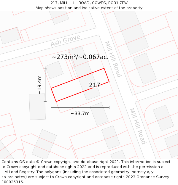 217, MILL HILL ROAD, COWES, PO31 7EW: Plot and title map