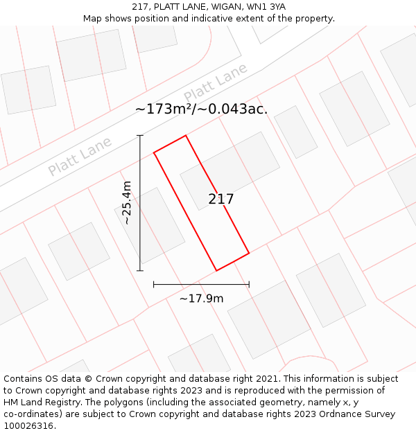 217, PLATT LANE, WIGAN, WN1 3YA: Plot and title map