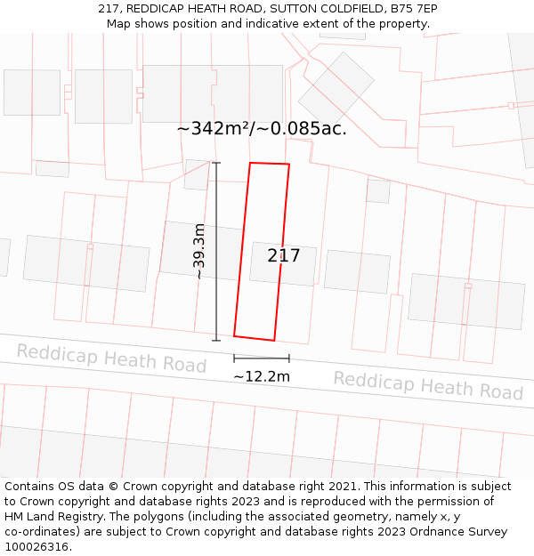 217, REDDICAP HEATH ROAD, SUTTON COLDFIELD, B75 7EP: Plot and title map