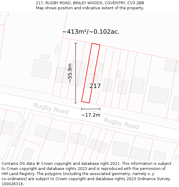 217, RUGBY ROAD, BINLEY WOODS, COVENTRY, CV3 2BB: Plot and title map