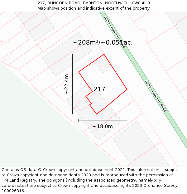 217, RUNCORN ROAD, BARNTON, NORTHWICH, CW8 4HR: Plot and title map