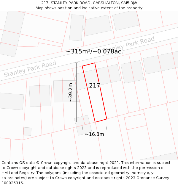 217, STANLEY PARK ROAD, CARSHALTON, SM5 3JW: Plot and title map