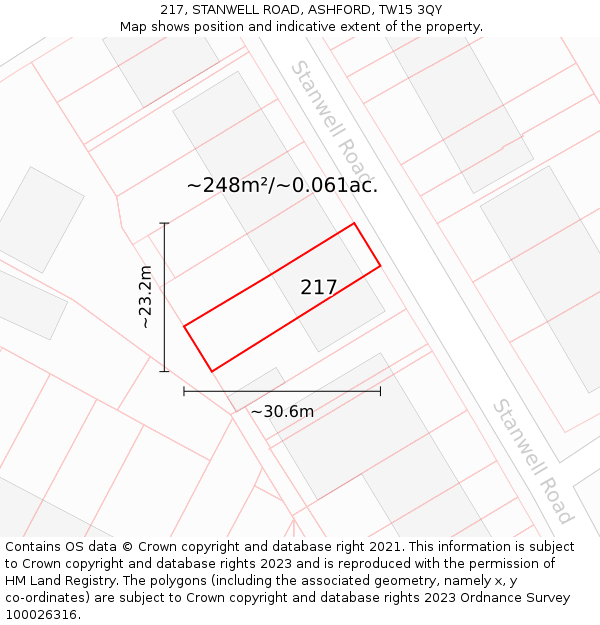 217, STANWELL ROAD, ASHFORD, TW15 3QY: Plot and title map