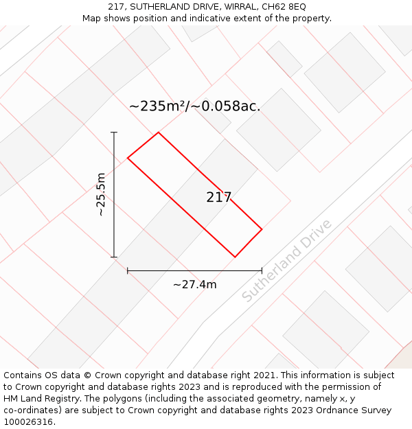 217, SUTHERLAND DRIVE, WIRRAL, CH62 8EQ: Plot and title map