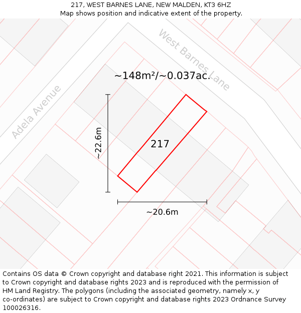 217, WEST BARNES LANE, NEW MALDEN, KT3 6HZ: Plot and title map