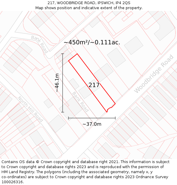 217, WOODBRIDGE ROAD, IPSWICH, IP4 2QS: Plot and title map