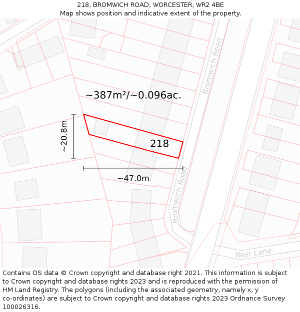 218, BROMWICH ROAD, WORCESTER, WR2 4BE: Plot and title map