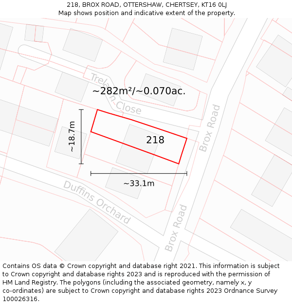 218, BROX ROAD, OTTERSHAW, CHERTSEY, KT16 0LJ: Plot and title map