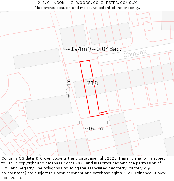 218, CHINOOK, HIGHWOODS, COLCHESTER, CO4 9UX: Plot and title map