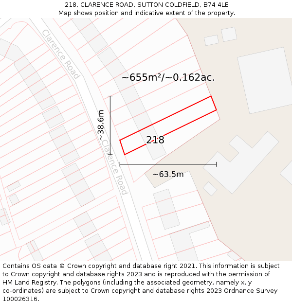 218, CLARENCE ROAD, SUTTON COLDFIELD, B74 4LE: Plot and title map