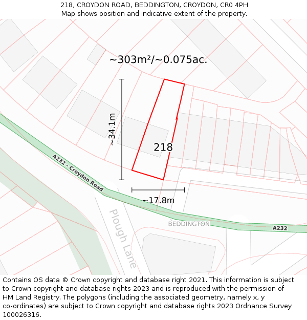 218, CROYDON ROAD, BEDDINGTON, CROYDON, CR0 4PH: Plot and title map