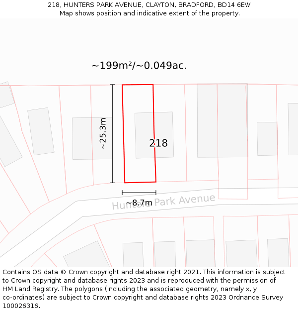 218, HUNTERS PARK AVENUE, CLAYTON, BRADFORD, BD14 6EW: Plot and title map