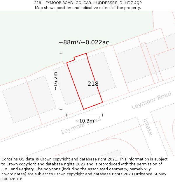218, LEYMOOR ROAD, GOLCAR, HUDDERSFIELD, HD7 4QP: Plot and title map