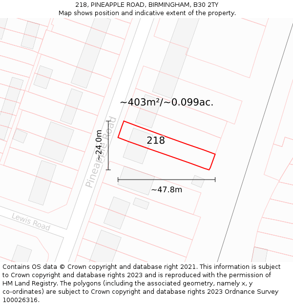 218, PINEAPPLE ROAD, BIRMINGHAM, B30 2TY: Plot and title map