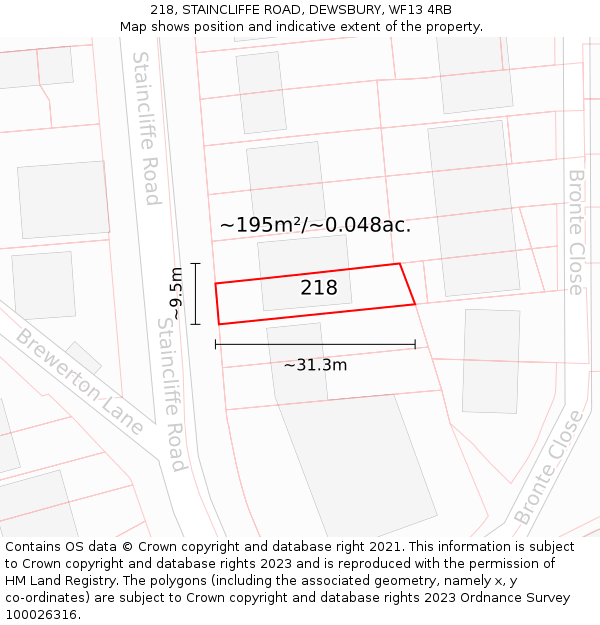 218, STAINCLIFFE ROAD, DEWSBURY, WF13 4RB: Plot and title map