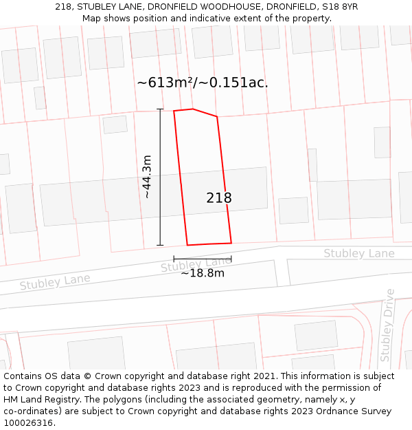 218, STUBLEY LANE, DRONFIELD WOODHOUSE, DRONFIELD, S18 8YR: Plot and title map