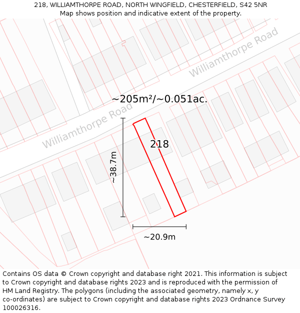 218, WILLIAMTHORPE ROAD, NORTH WINGFIELD, CHESTERFIELD, S42 5NR: Plot and title map