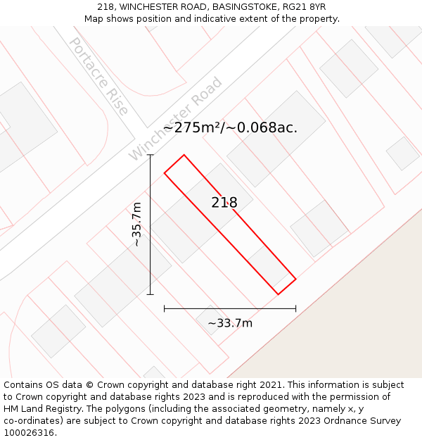 218, WINCHESTER ROAD, BASINGSTOKE, RG21 8YR: Plot and title map