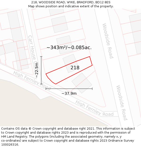 218, WOODSIDE ROAD, WYKE, BRADFORD, BD12 8ES: Plot and title map