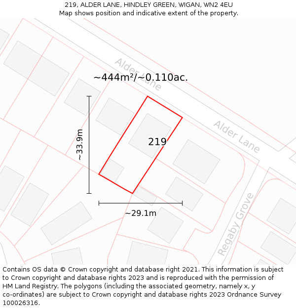 219, ALDER LANE, HINDLEY GREEN, WIGAN, WN2 4EU: Plot and title map