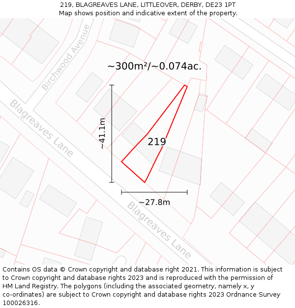 219, BLAGREAVES LANE, LITTLEOVER, DERBY, DE23 1PT: Plot and title map