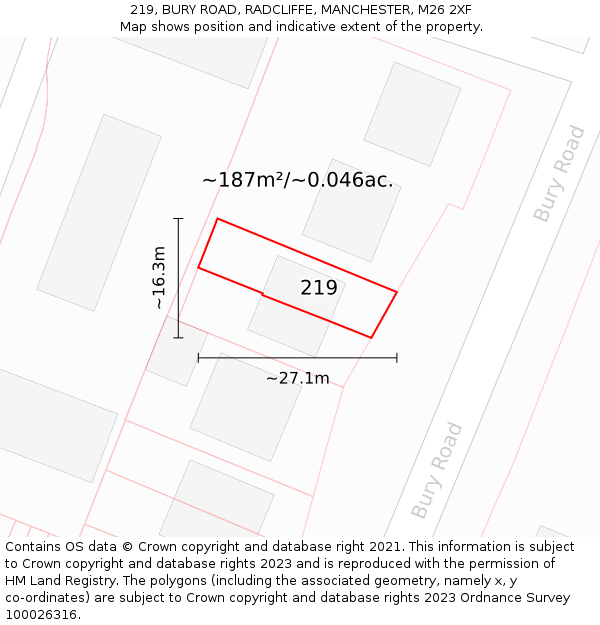219, BURY ROAD, RADCLIFFE, MANCHESTER, M26 2XF: Plot and title map