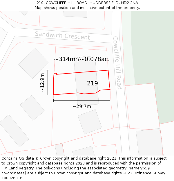 219, COWCLIFFE HILL ROAD, HUDDERSFIELD, HD2 2NA: Plot and title map