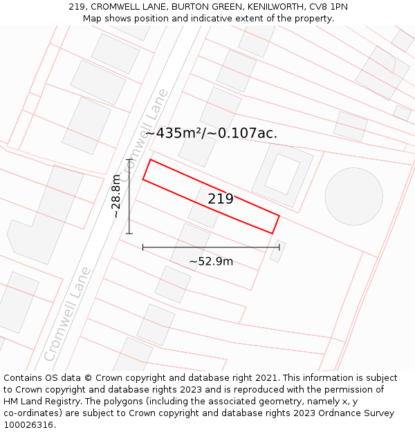 219, CROMWELL LANE, BURTON GREEN, KENILWORTH, CV8 1PN: Plot and title map