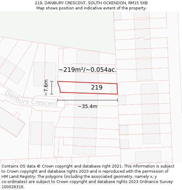 219, DANBURY CRESCENT, SOUTH OCKENDON, RM15 5XB: Plot and title map