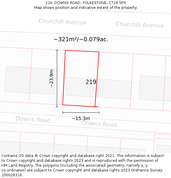 219, DOWNS ROAD, FOLKESTONE, CT19 5PX: Plot and title map