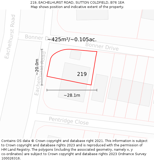 219, EACHELHURST ROAD, SUTTON COLDFIELD, B76 1EA: Plot and title map