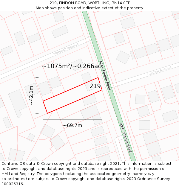 219, FINDON ROAD, WORTHING, BN14 0EP: Plot and title map