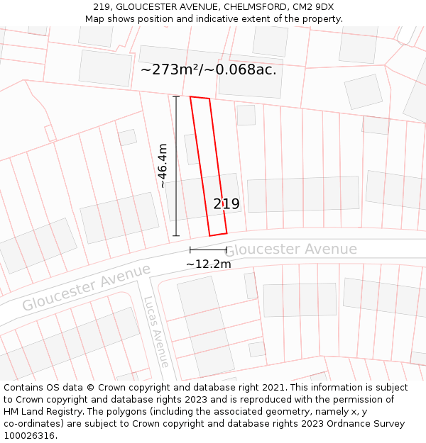 219, GLOUCESTER AVENUE, CHELMSFORD, CM2 9DX: Plot and title map