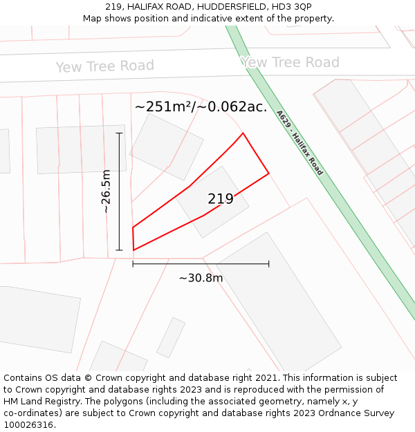 219, HALIFAX ROAD, HUDDERSFIELD, HD3 3QP: Plot and title map