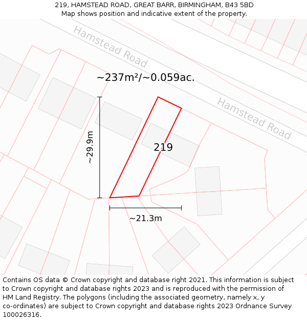 219, HAMSTEAD ROAD, GREAT BARR, BIRMINGHAM, B43 5BD: Plot and title map