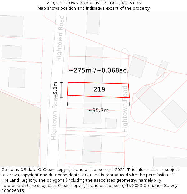 219, HIGHTOWN ROAD, LIVERSEDGE, WF15 8BN: Plot and title map