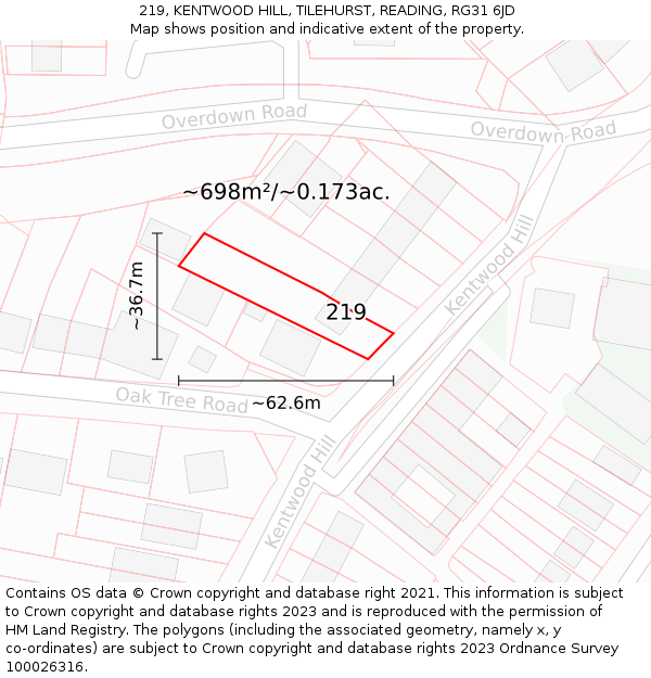 219, KENTWOOD HILL, TILEHURST, READING, RG31 6JD: Plot and title map