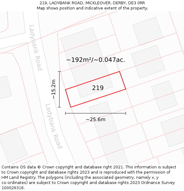 219, LADYBANK ROAD, MICKLEOVER, DERBY, DE3 0RR: Plot and title map