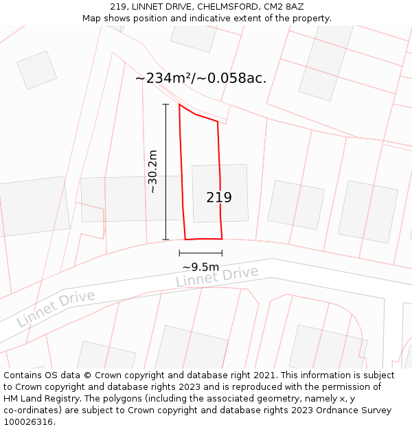 219, LINNET DRIVE, CHELMSFORD, CM2 8AZ: Plot and title map