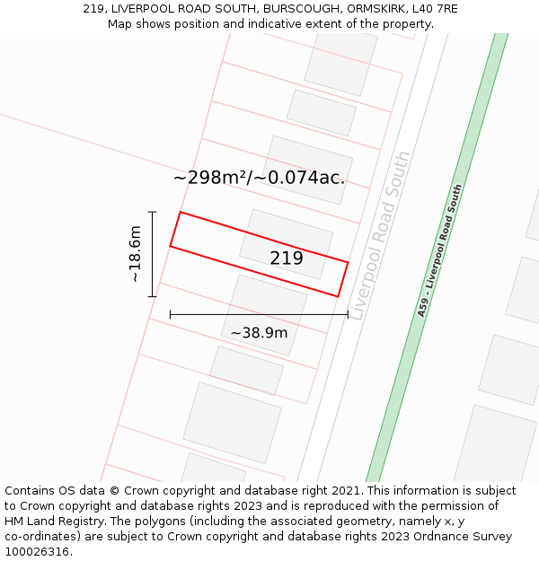219, LIVERPOOL ROAD SOUTH, BURSCOUGH, ORMSKIRK, L40 7RE: Plot and title map