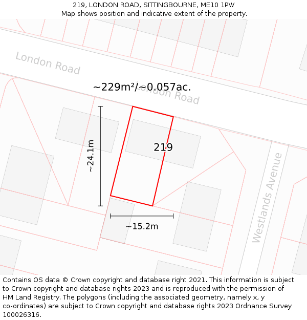 219, LONDON ROAD, SITTINGBOURNE, ME10 1PW: Plot and title map