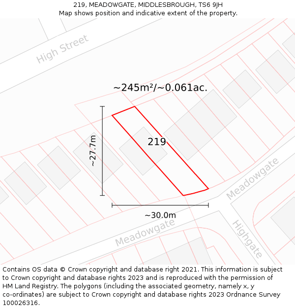 219, MEADOWGATE, MIDDLESBROUGH, TS6 9JH: Plot and title map