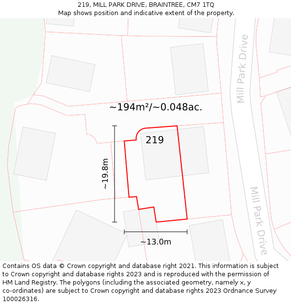 219, MILL PARK DRIVE, BRAINTREE, CM7 1TQ: Plot and title map