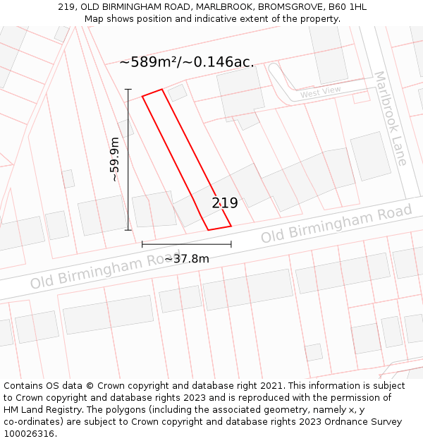 219, OLD BIRMINGHAM ROAD, MARLBROOK, BROMSGROVE, B60 1HL: Plot and title map