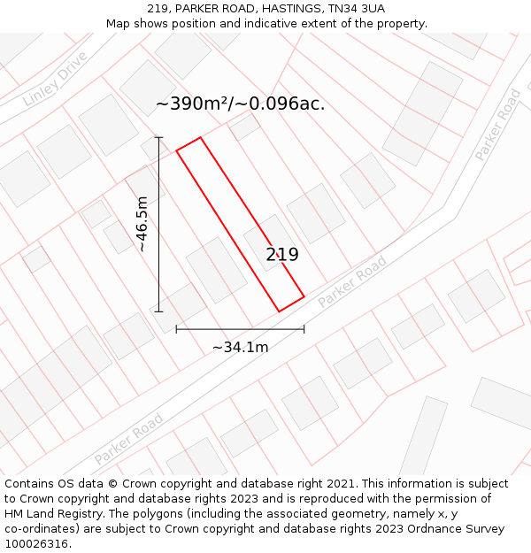 219, PARKER ROAD, HASTINGS, TN34 3UA: Plot and title map