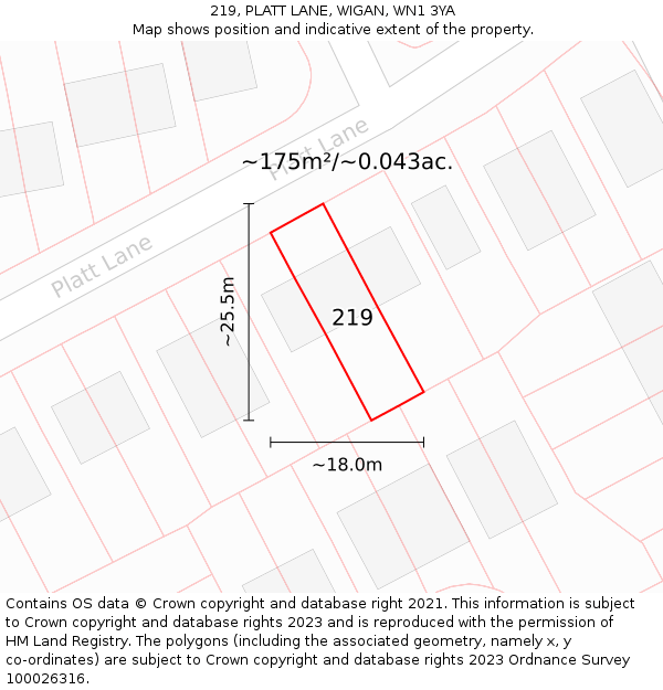 219, PLATT LANE, WIGAN, WN1 3YA: Plot and title map