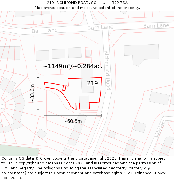 219, RICHMOND ROAD, SOLIHULL, B92 7SA: Plot and title map