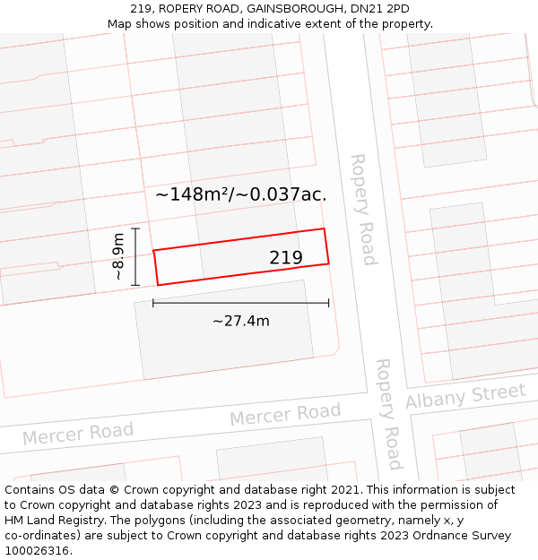 219, ROPERY ROAD, GAINSBOROUGH, DN21 2PD: Plot and title map