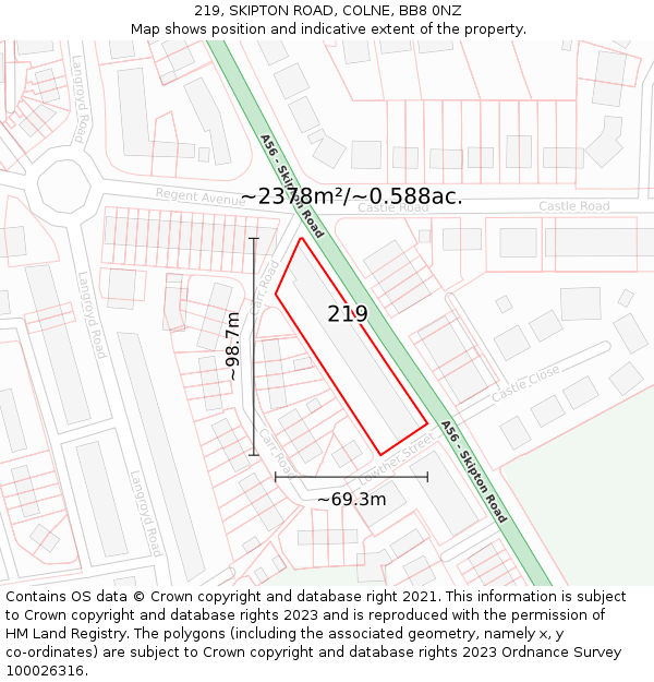 219, SKIPTON ROAD, COLNE, BB8 0NZ: Plot and title map