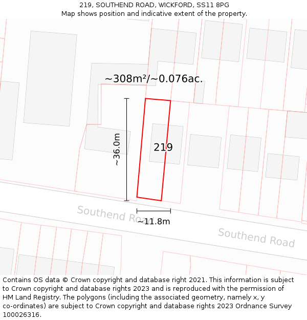 219, SOUTHEND ROAD, WICKFORD, SS11 8PG: Plot and title map